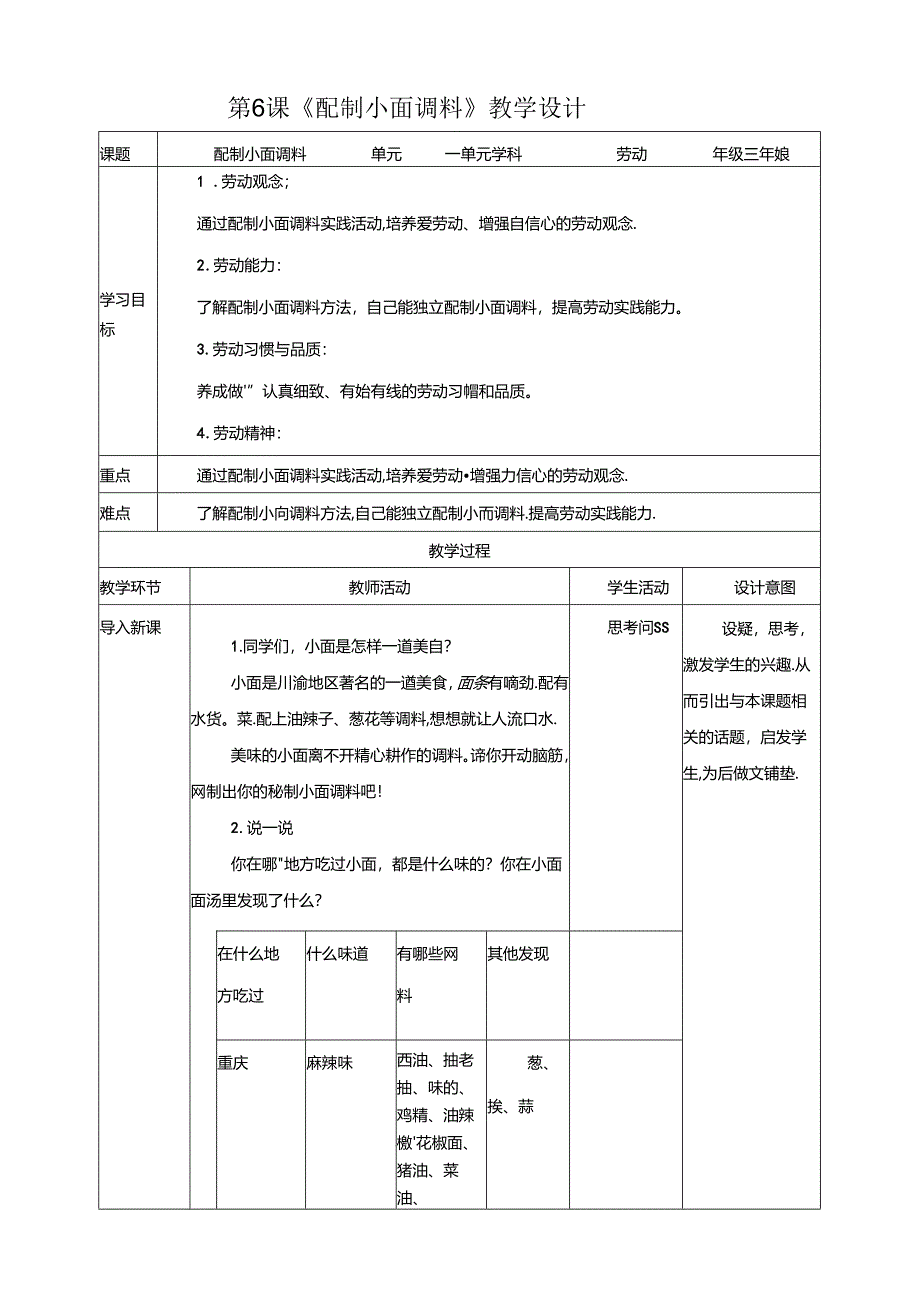 川民版劳动教育三上 第6课《配制小面调料》教案.docx_第1页