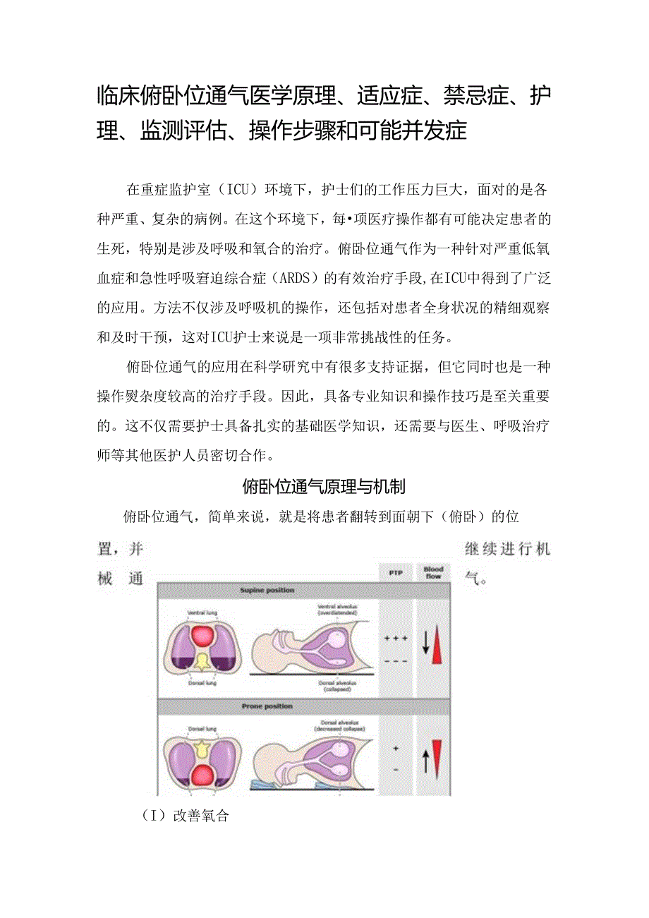 临床俯卧位通气医学原理、适应症、禁忌症、护理、监测评估、操作步骤和可能并发症.docx_第1页