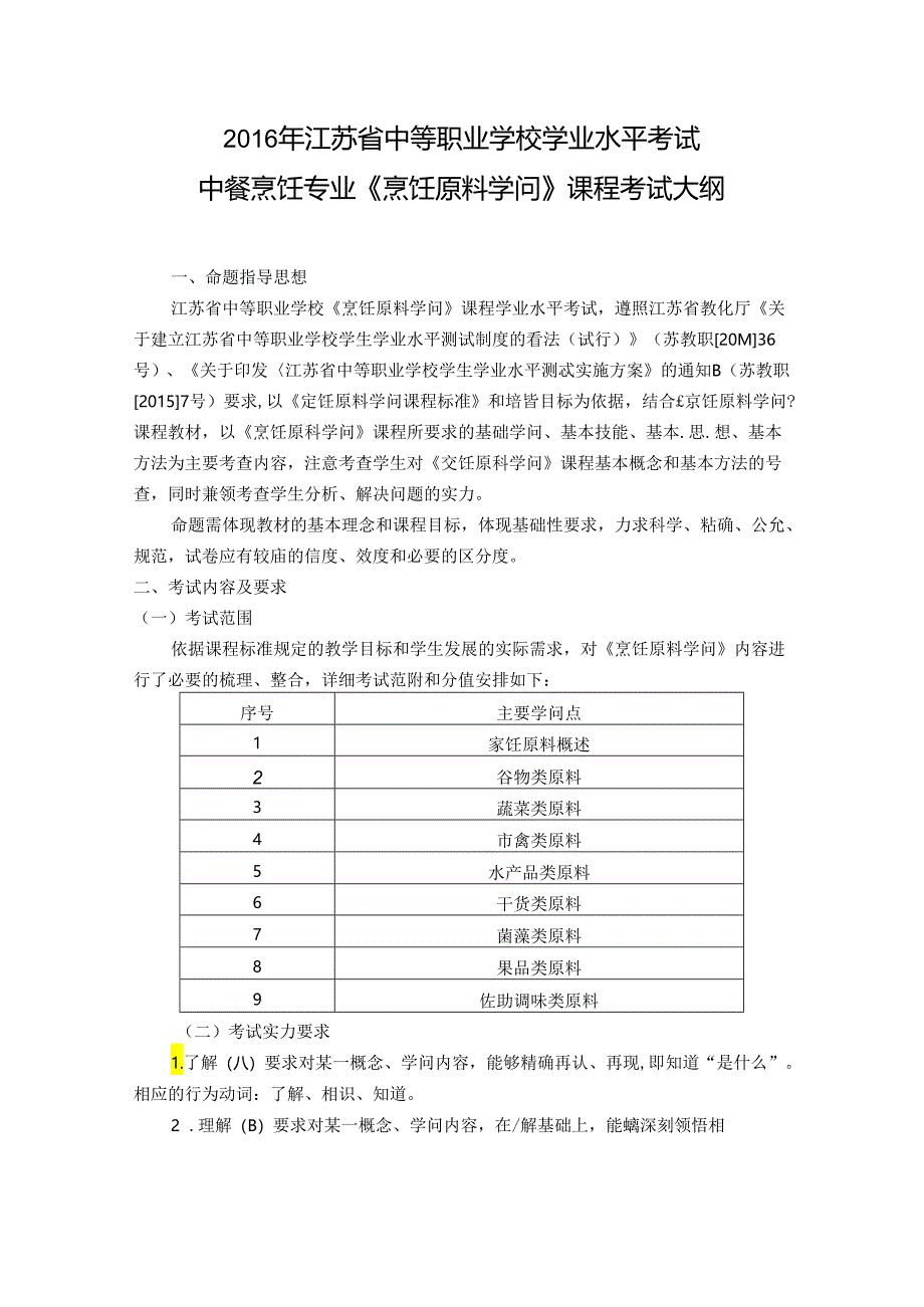 中餐烹饪专业《烹饪原料知识》课程考试大纲.docx_第1页