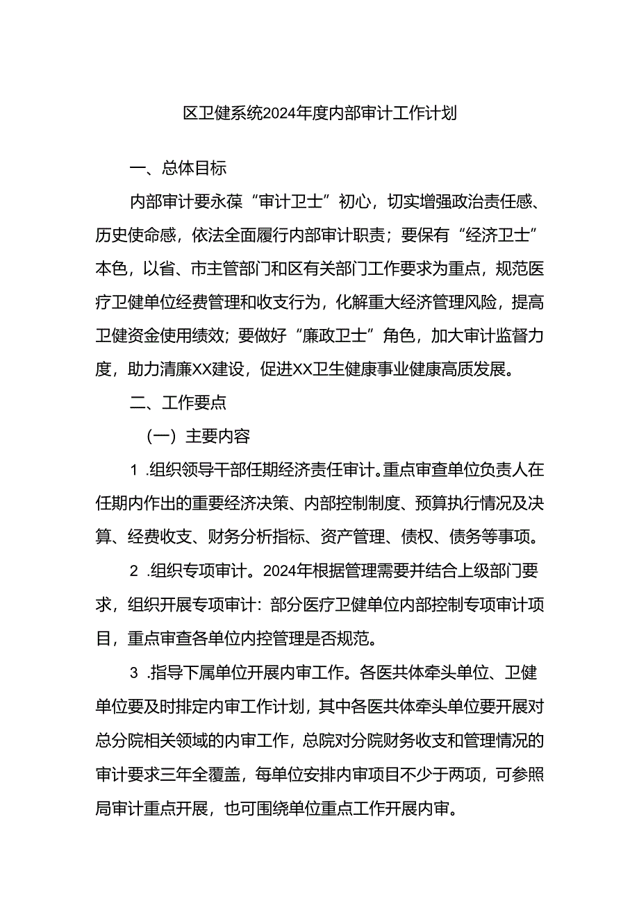 区卫健系统2024年度内部审计工作计划.docx_第1页