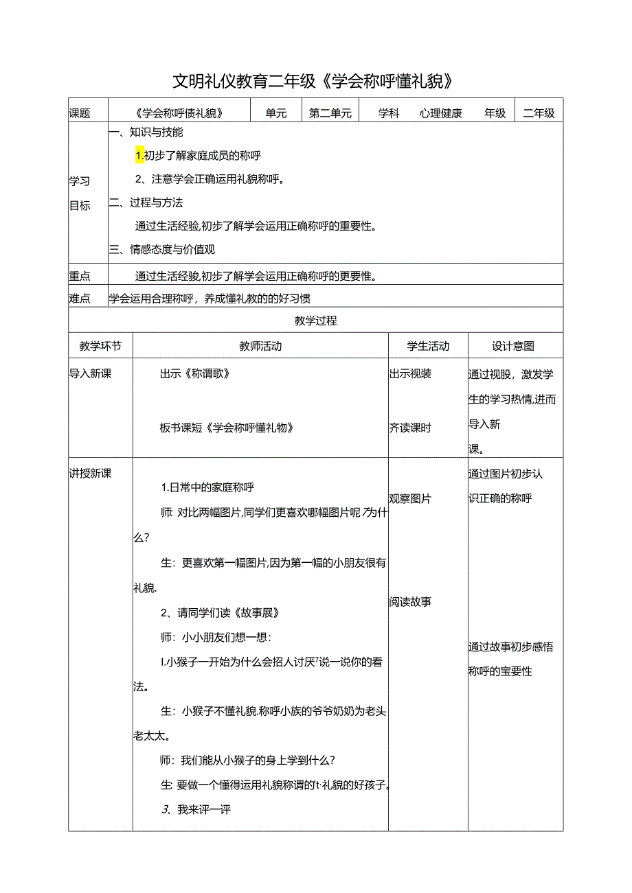 二年级文明礼仪教育第2单元第2课《学会称呼懂礼貌》 教案.docx_第1页