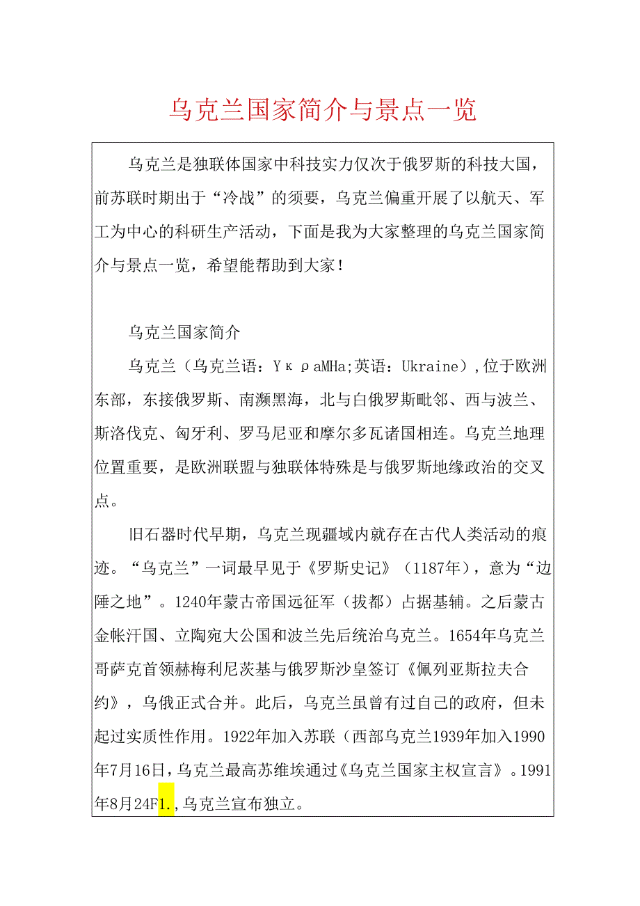 乌克兰国家简介与景点一览.docx_第1页