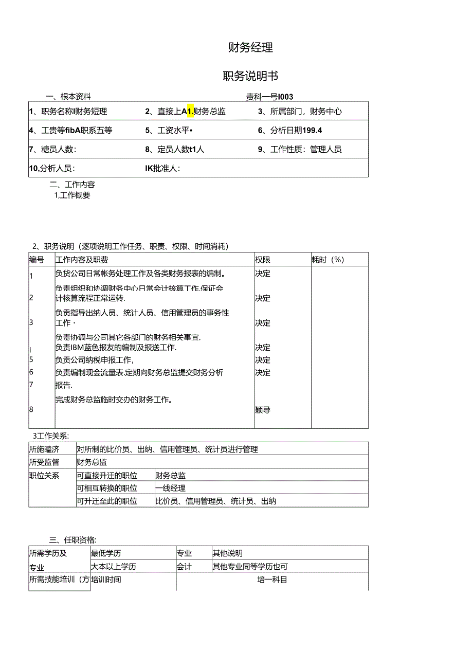 【职位描述】财务经理职务说明书.docx_第1页