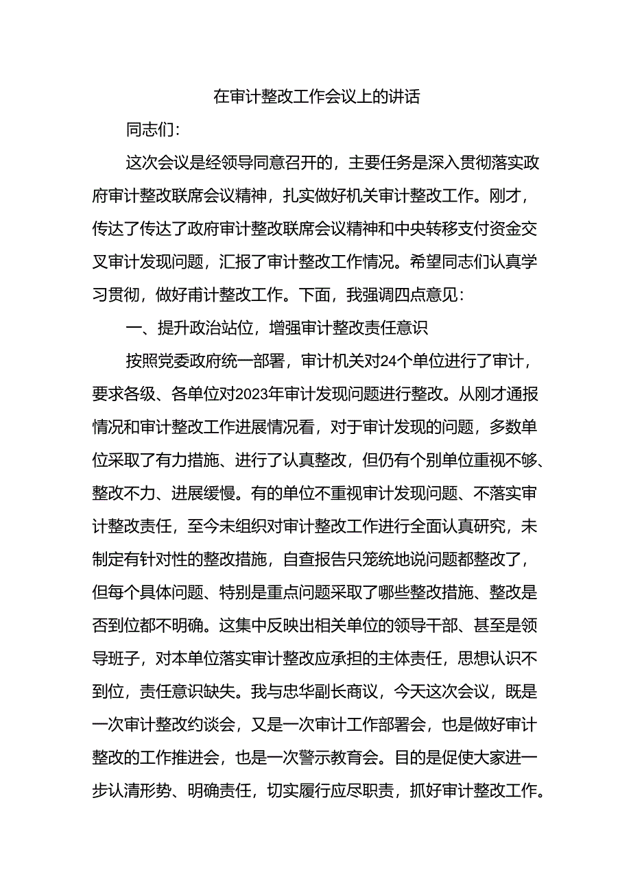 在审计整改工作会议上的讲话.docx_第1页