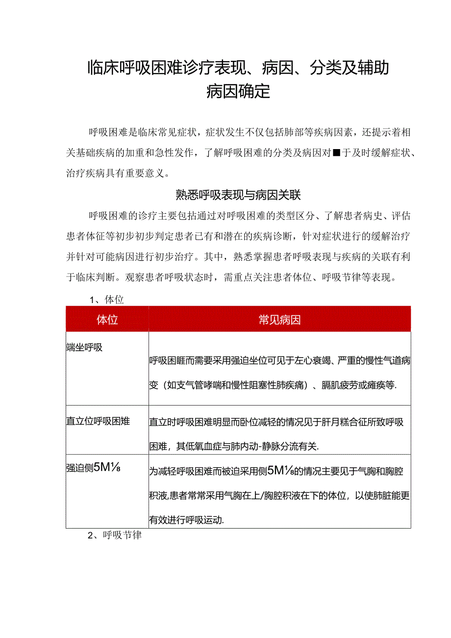 临床呼吸困难诊疗表现、病因、分类及辅助病因确定.docx_第1页