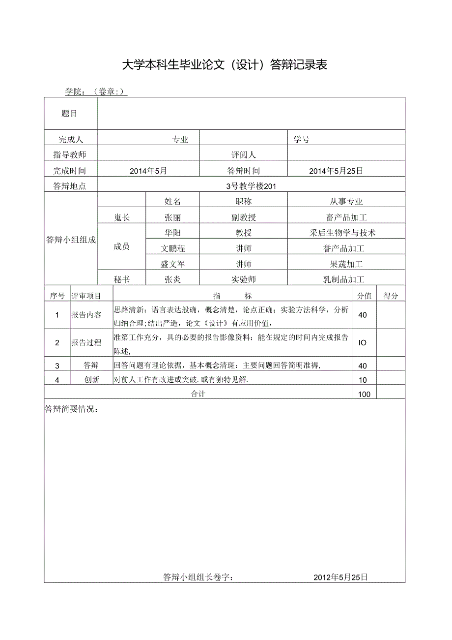 大学本科生毕业论文（设计）答辩记录表.docx_第1页