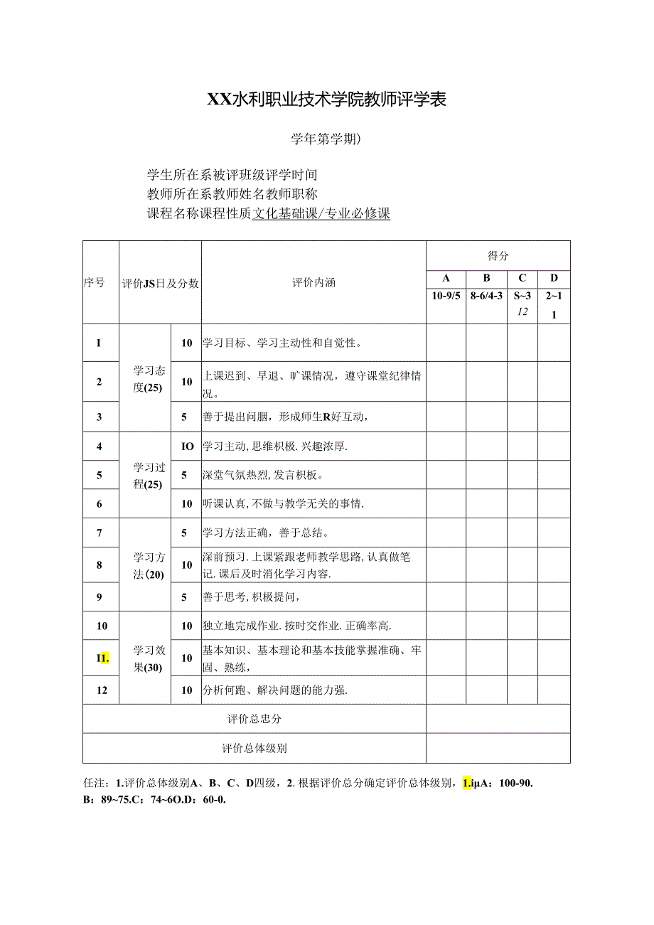 XX水利职业技术学院教师评学表（2024年）.docx_第1页