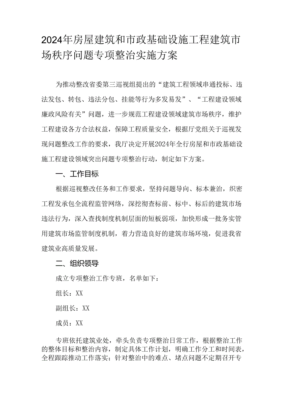 2024年房屋建筑和市政基础设施工程建筑市场秩序问题专项整治实施方案.docx_第1页