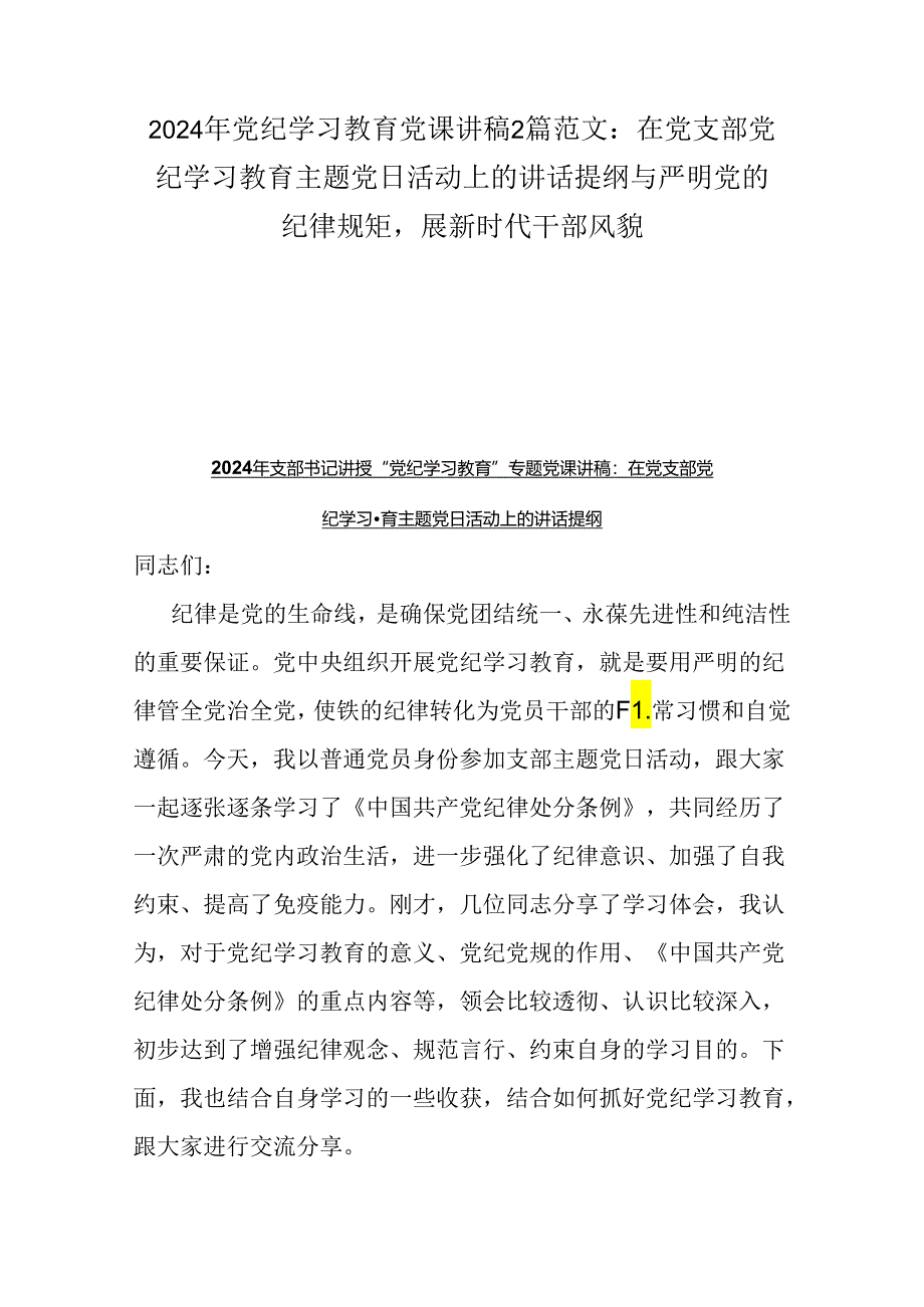 2024年党纪学习教育党课讲稿2篇范文：在党支部党纪学习教育主题党日活动上的讲话提纲与严明党的纪律规矩展新时代干部风貌.docx_第1页