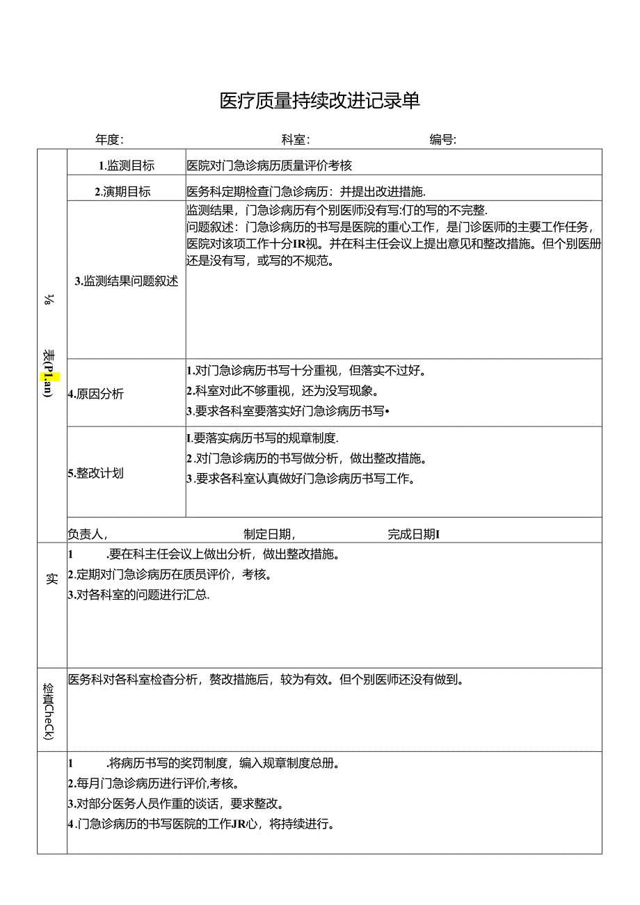 医院对门急诊病历质量评价考核PDCA持续质量改进记录表PDCA模板.docx_第1页