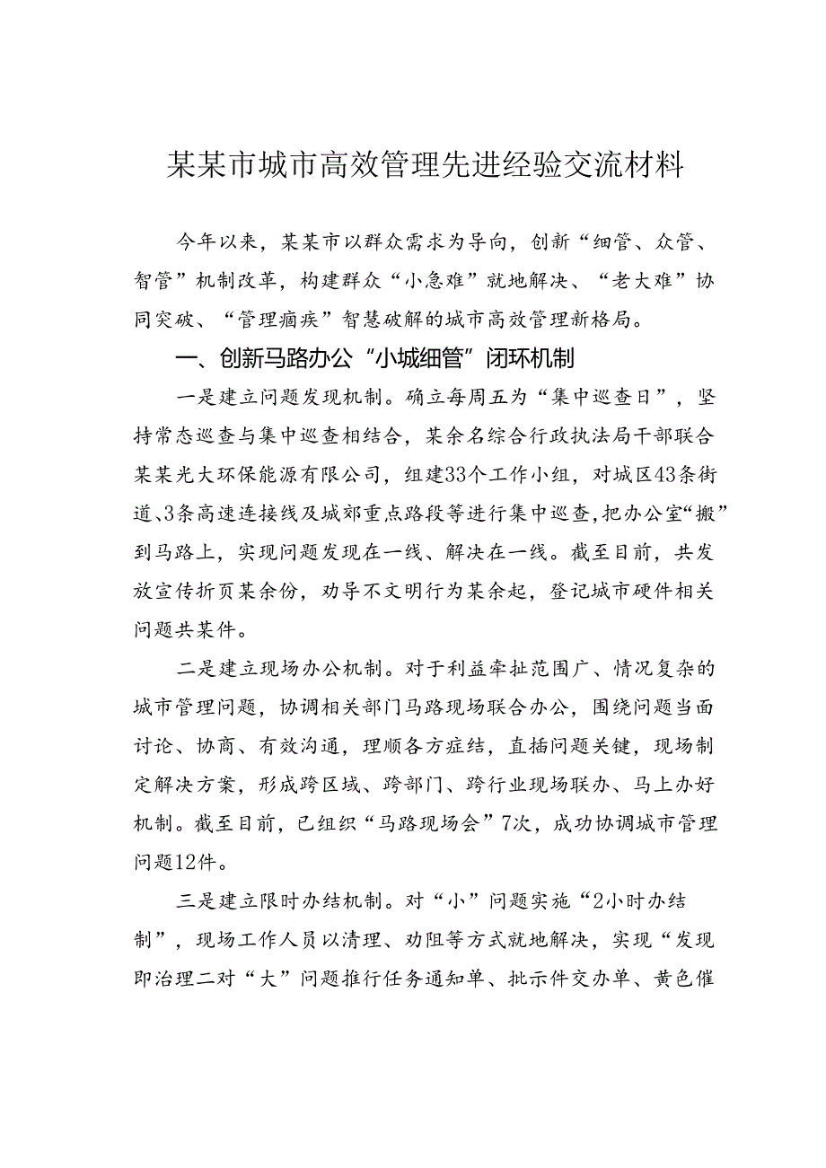 某某市城市高效管理先进经验交流材料.docx_第1页