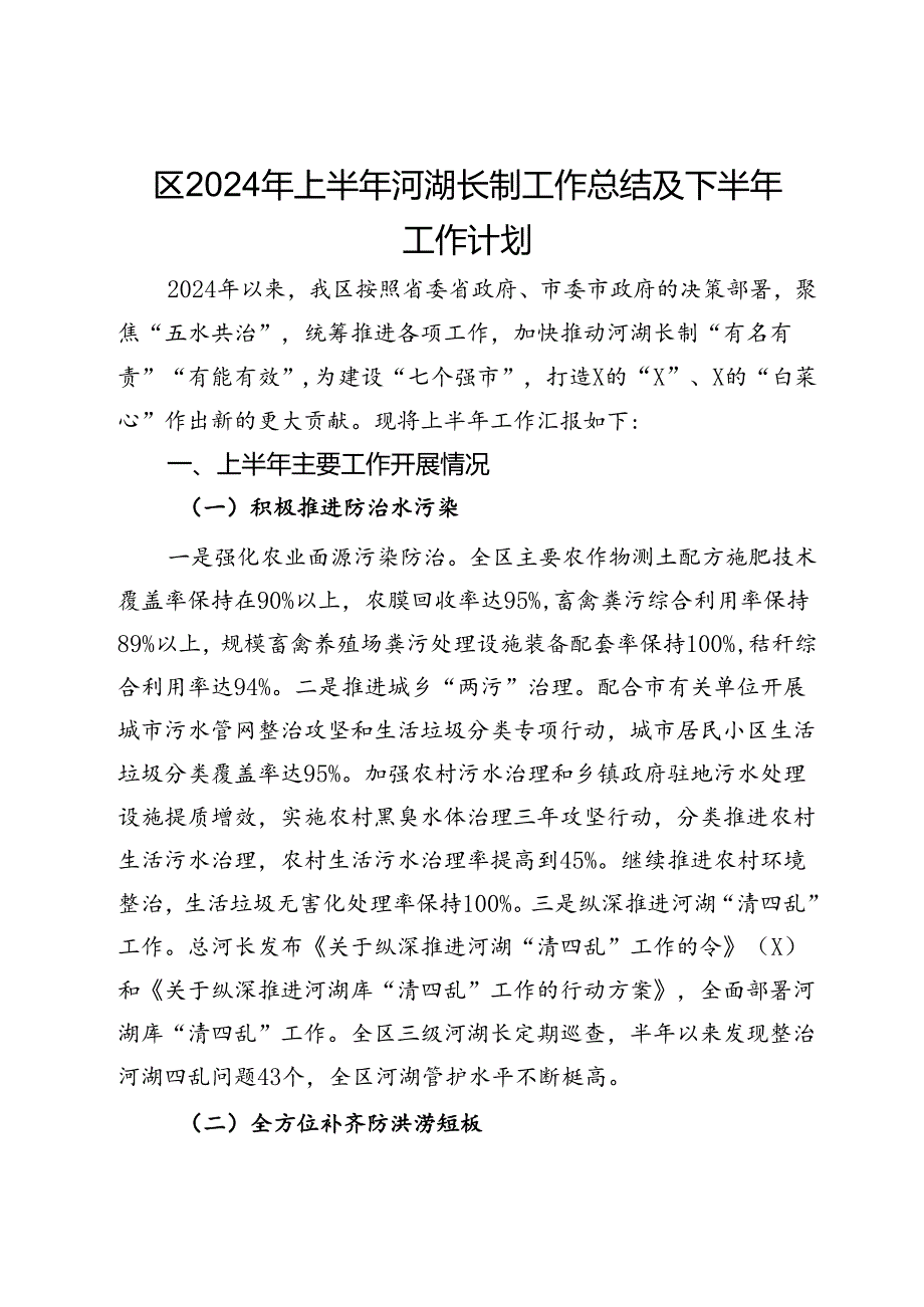 区2024年上半年河湖长制工作总结及下半年工作计划.docx_第1页