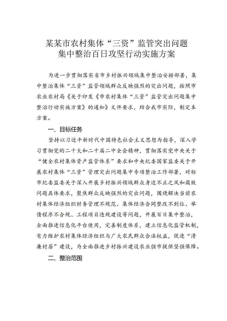 某某市农村集体“三资”监管突出问题集中整治百日攻坚行动实施方案.docx_第1页