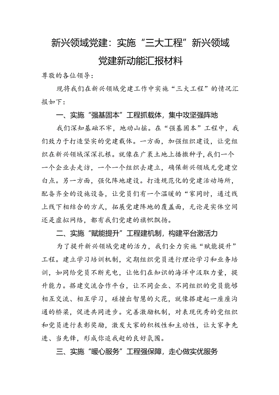 新兴领域党建：实施“三大工程”+新兴领域党建新动能汇报材料.docx_第1页