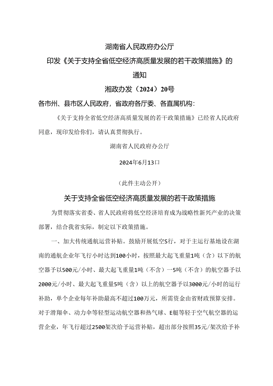 湖南省关于支持全省低空经济高质量发展的若干政策措施（2024年）.docx_第1页