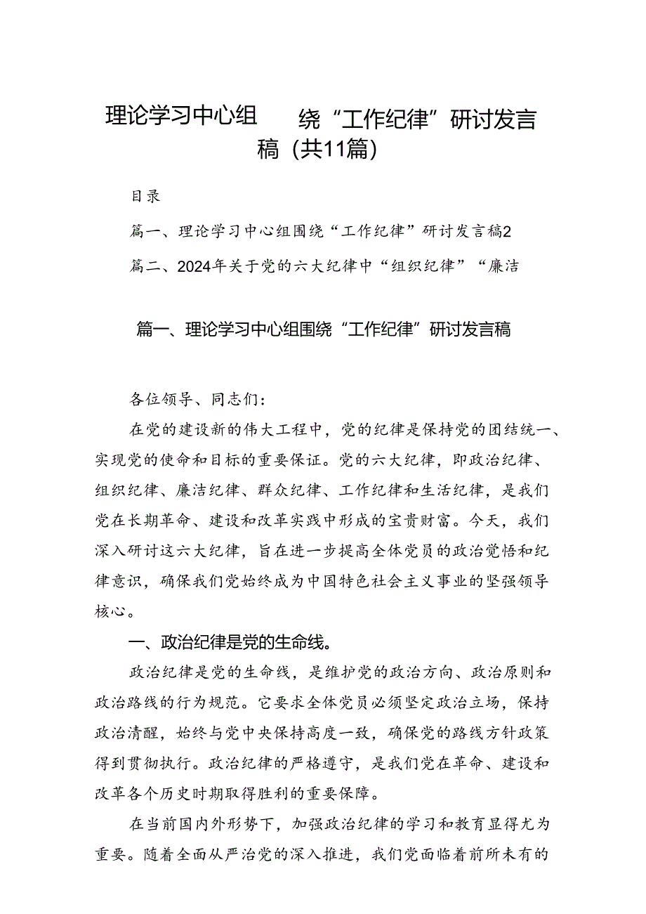 （11篇）理论学习中心组围绕“工作纪律”研讨发言稿样例.docx_第1页