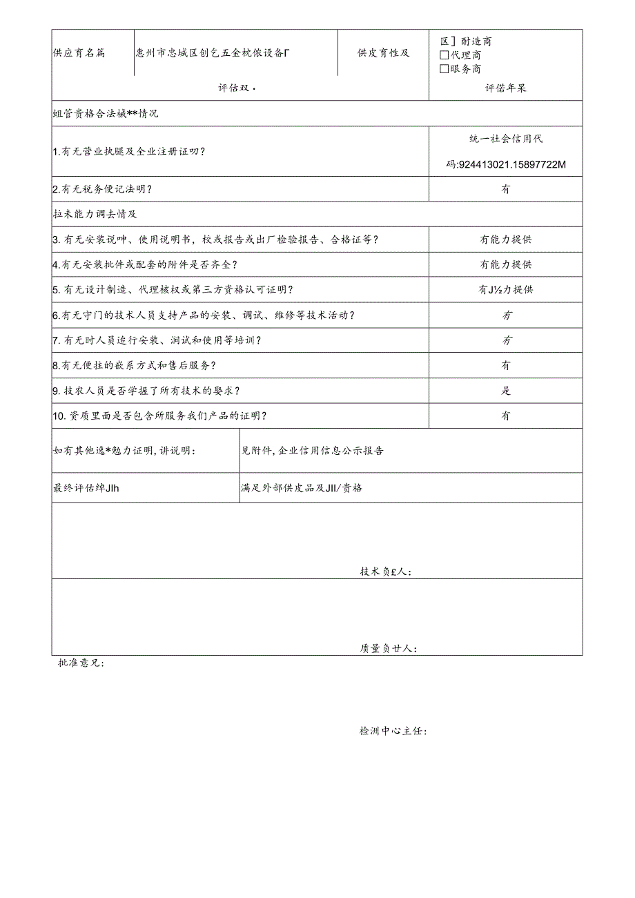 4 CDNL-P06-R01 供应商评价表 惠州市惠城区创艺五金机械设备厂.docx_第1页