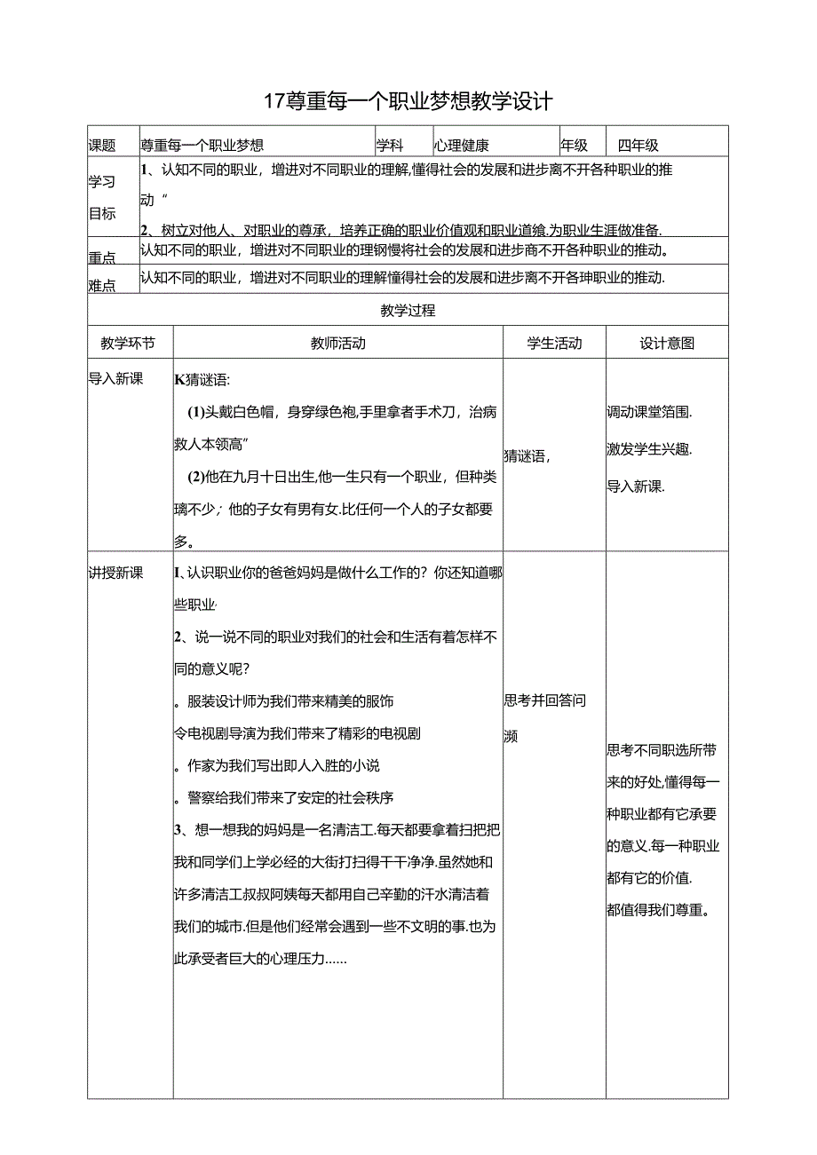 17《尊重每一个职业梦想》教学设计 教科版心理健康四年级下册.docx_第1页