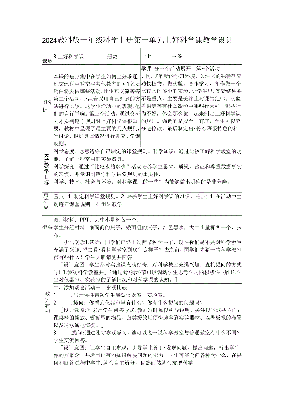 2024苏教版一年级科学上册第一单元上好科学课教学设计.docx_第1页