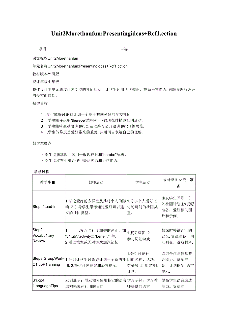 Unit 2 More than fun Presenting ideas Reflection教学设计外研版2024七上.docx_第1页