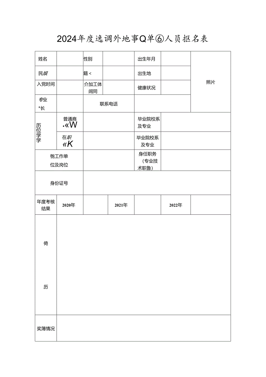 2024年度选调外地事业单位人员报名表.docx_第1页