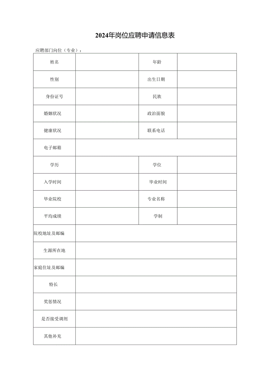 2024年岗位应聘申请信息表.docx_第1页