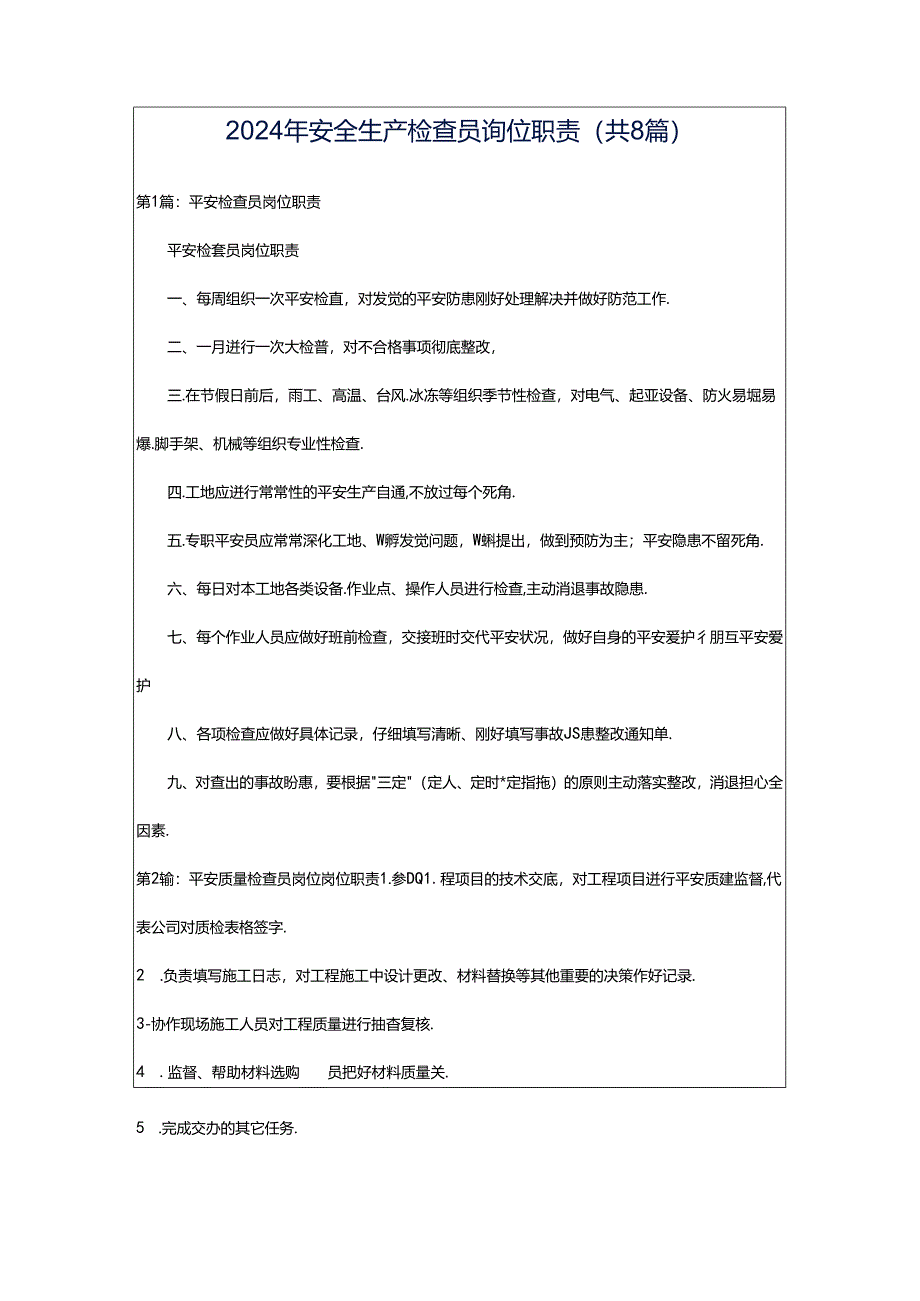 2024年安全生产检查员岗位职责（共8篇）.docx_第1页