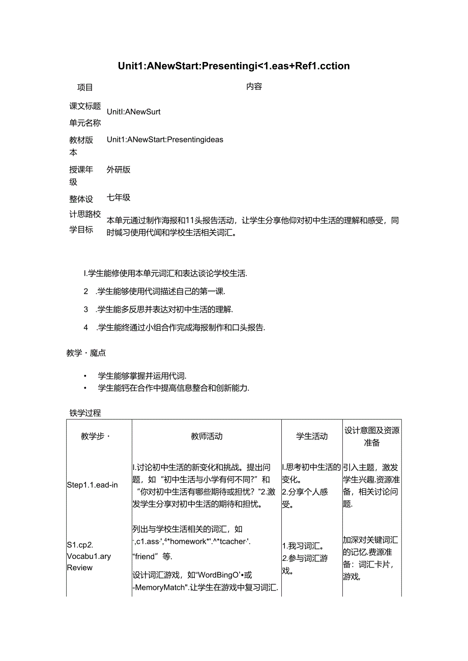 Unit 1 A New Start Presenting ideas Reflection 教学设计外研版2024七上.docx_第1页