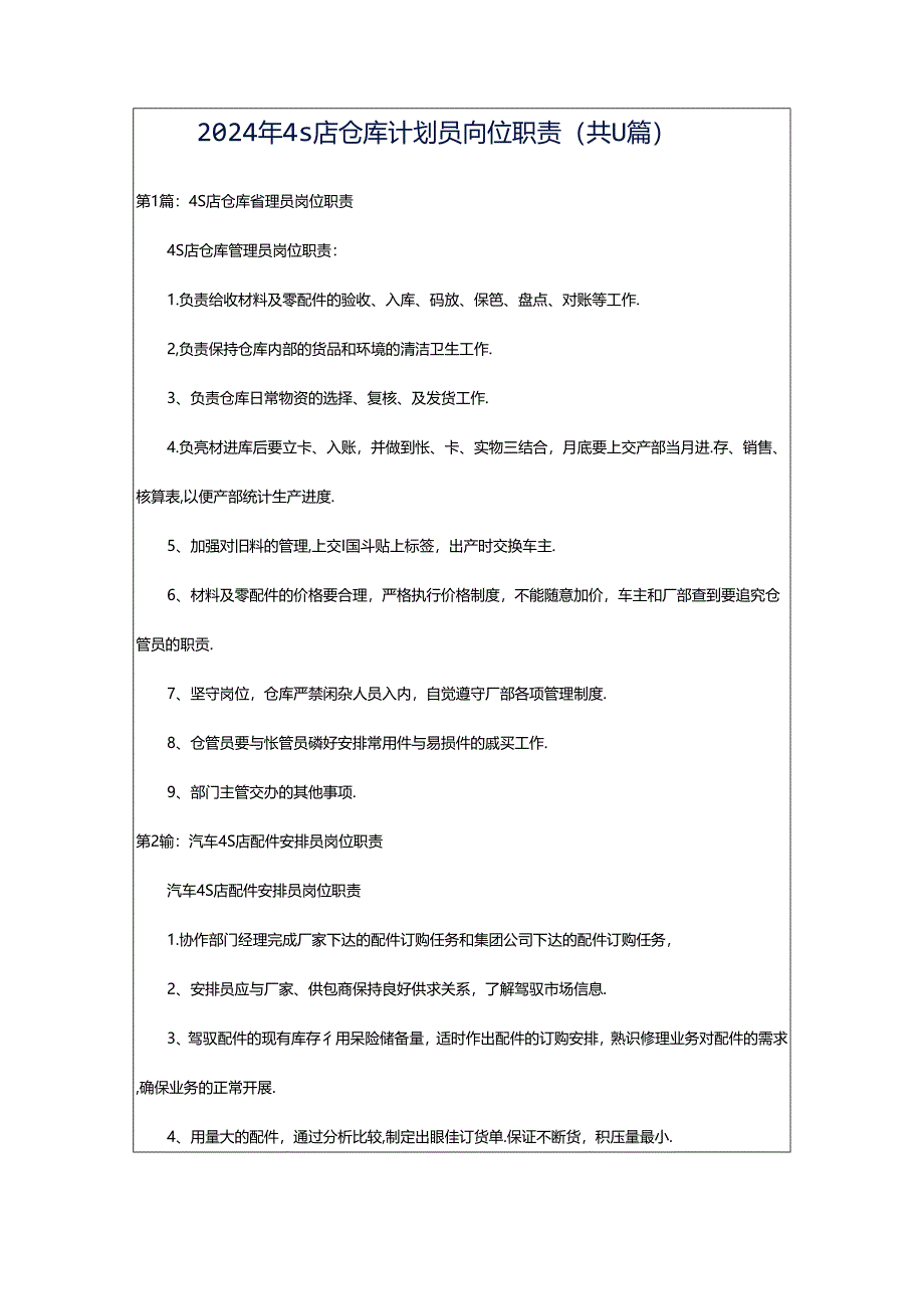 2024年4s店仓库计划员岗位职责（共11篇）.docx_第1页