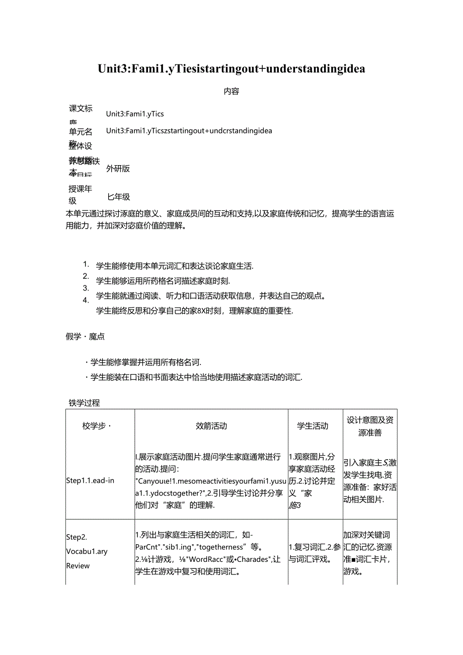 Unit 3 Family Ties starting out understanding idea 教学设计外研版2024七上.docx_第1页