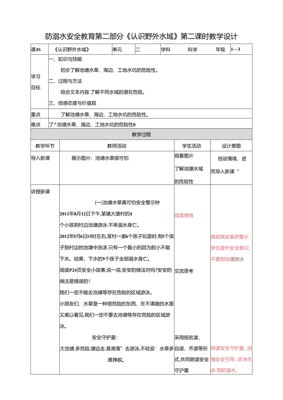 1-3年级小学生防溺水安全教育 第二部分《认识野外水域》 第二课时 教案.docx_第1页