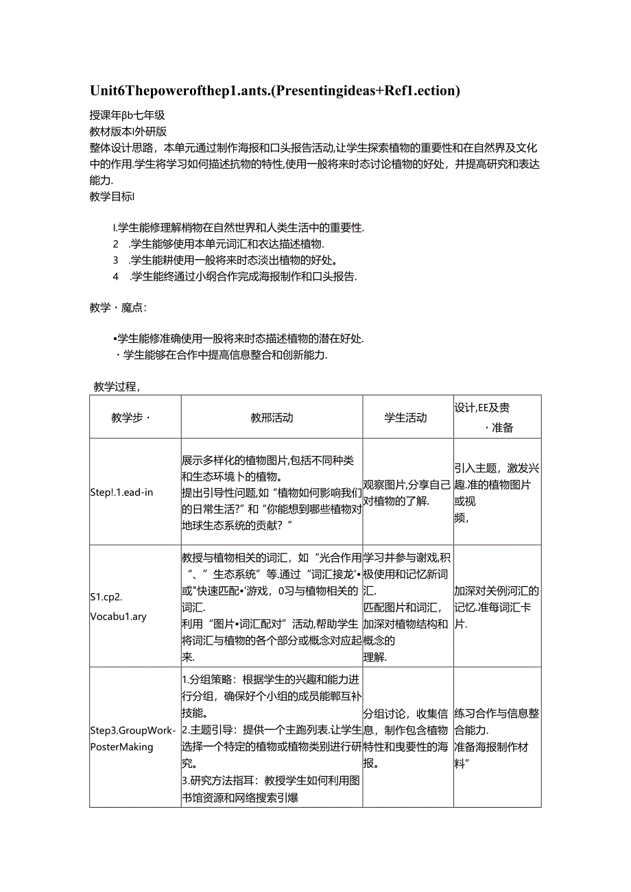 Unit 6 The power of the plantsPresenting ideas Reflection教学设计教学设计外研版2024七上.docx_第1页