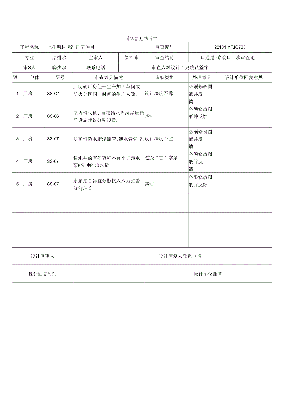 七孔塘村标准厂房项目【一审主体设计审查意见表】.docx_第3页