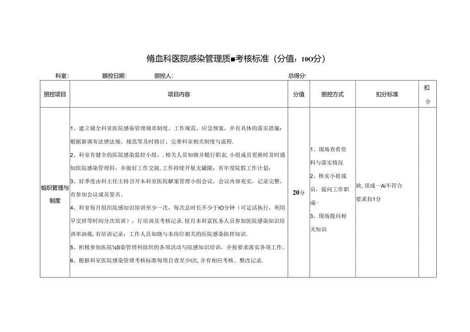 输血科医院感染管理质量考核标准(分值：100分).docx_第1页