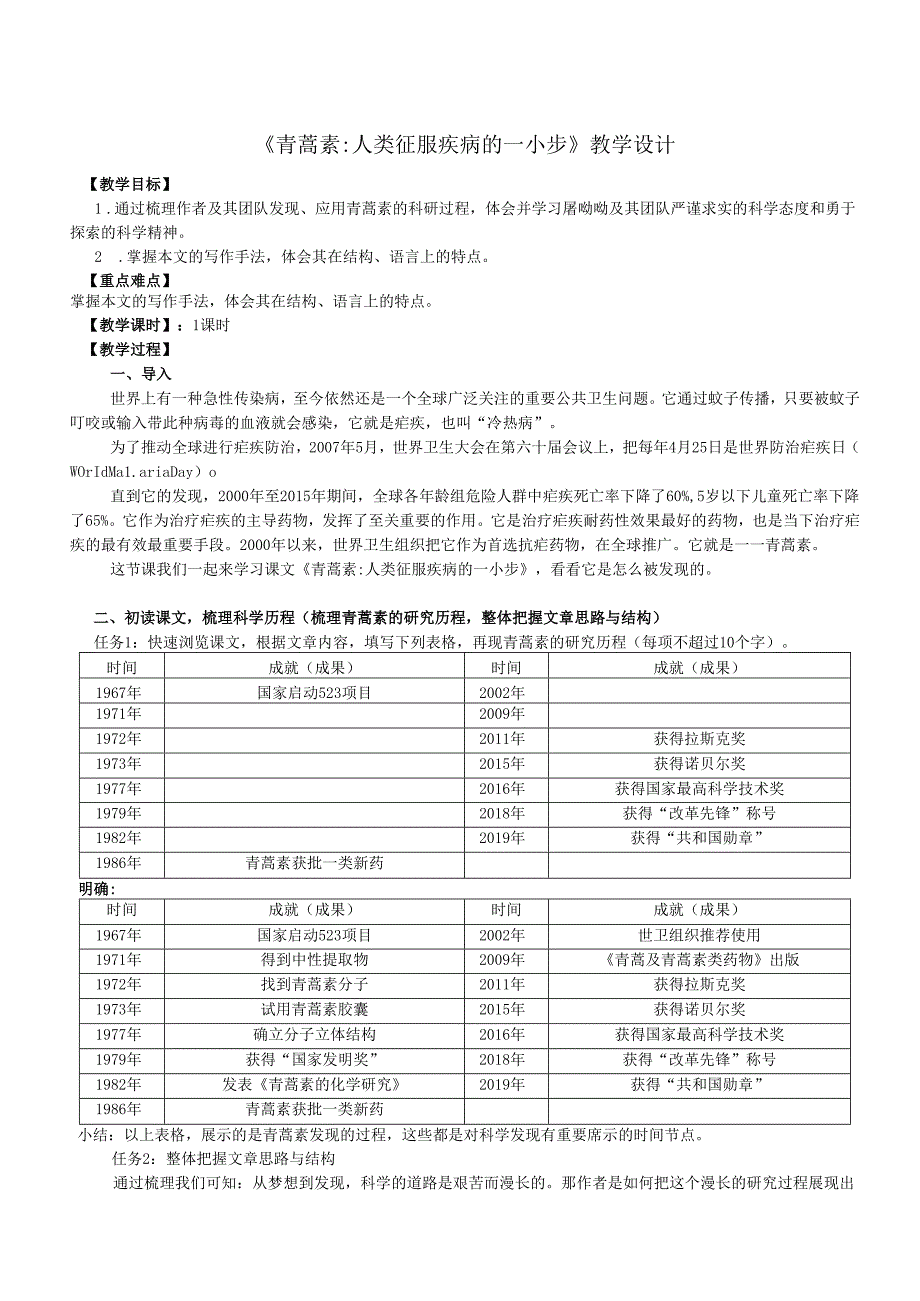 青蒿素：人类征服疾病的一小步教学设计.docx_第1页