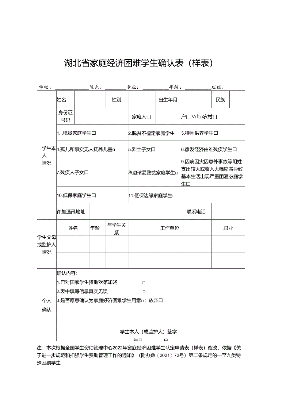 湖北省家庭经济困难学生确认表（样表）.docx_第1页