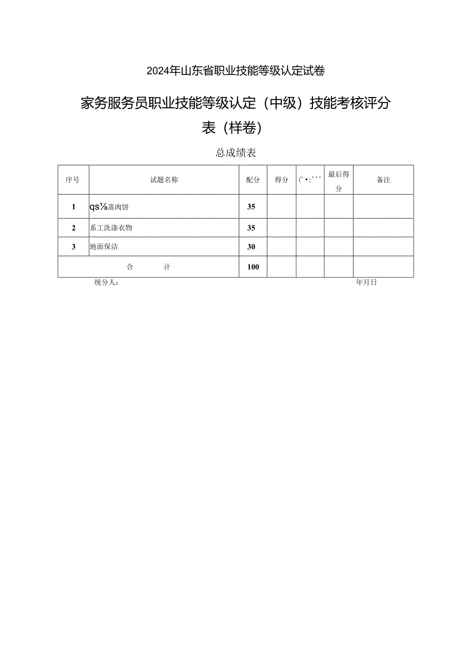 2024年山东省职业技能等级认定试卷 真题 中级操作技能考核试卷（样卷）评分记录表.docx_第1页