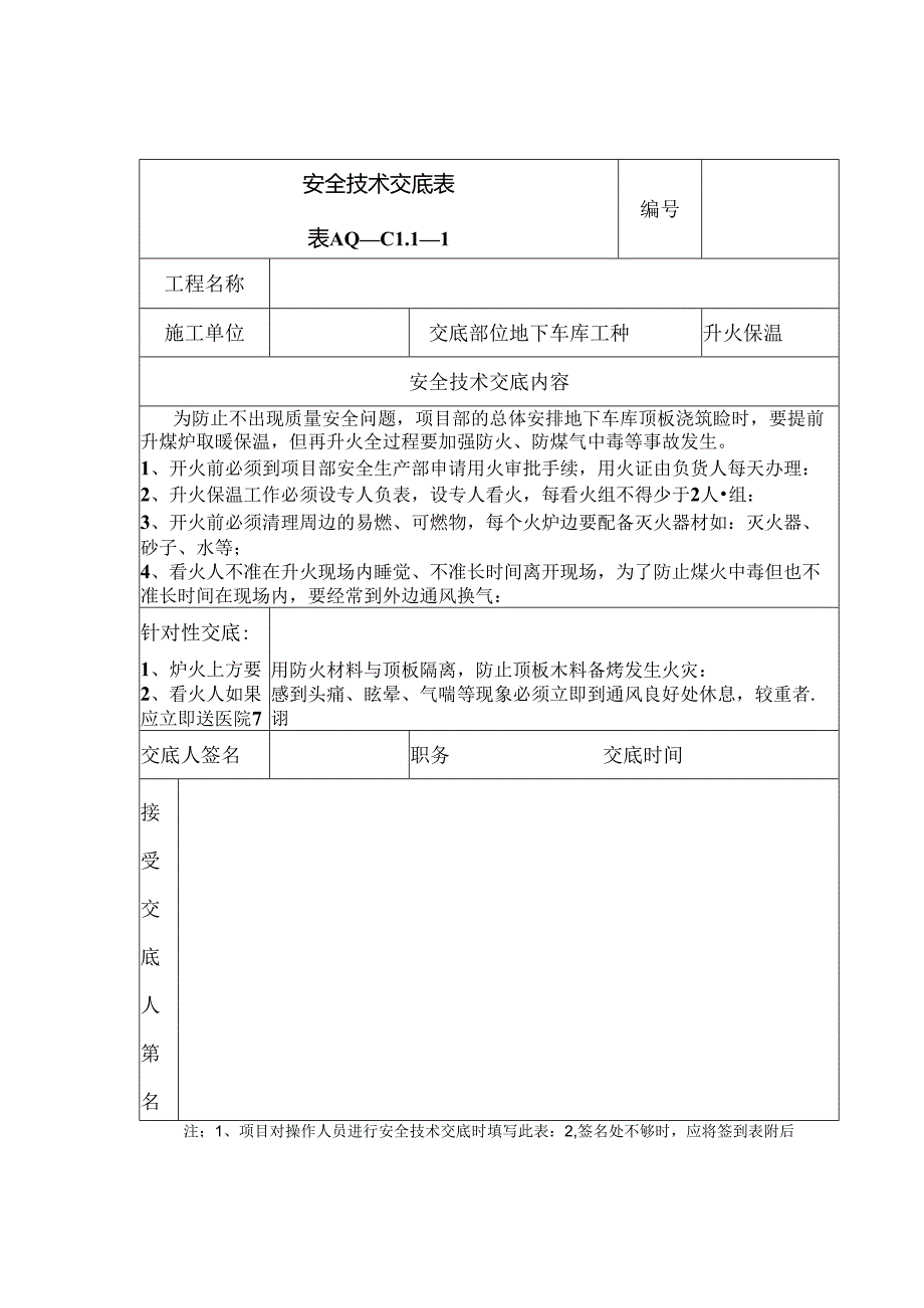 防煤气中毒安全技术交底表.docx_第1页