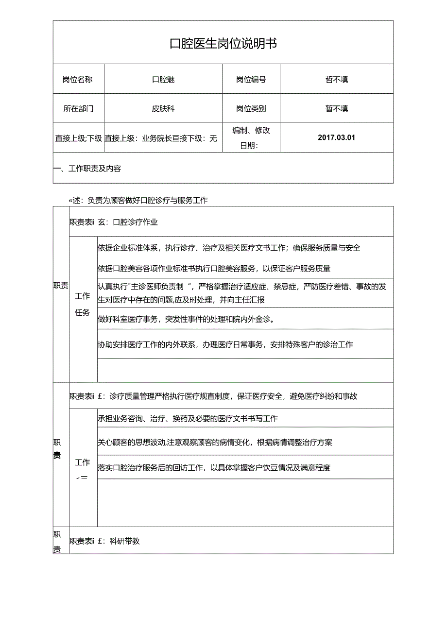 医疗口腔医生岗位职责说明书.docx_第1页