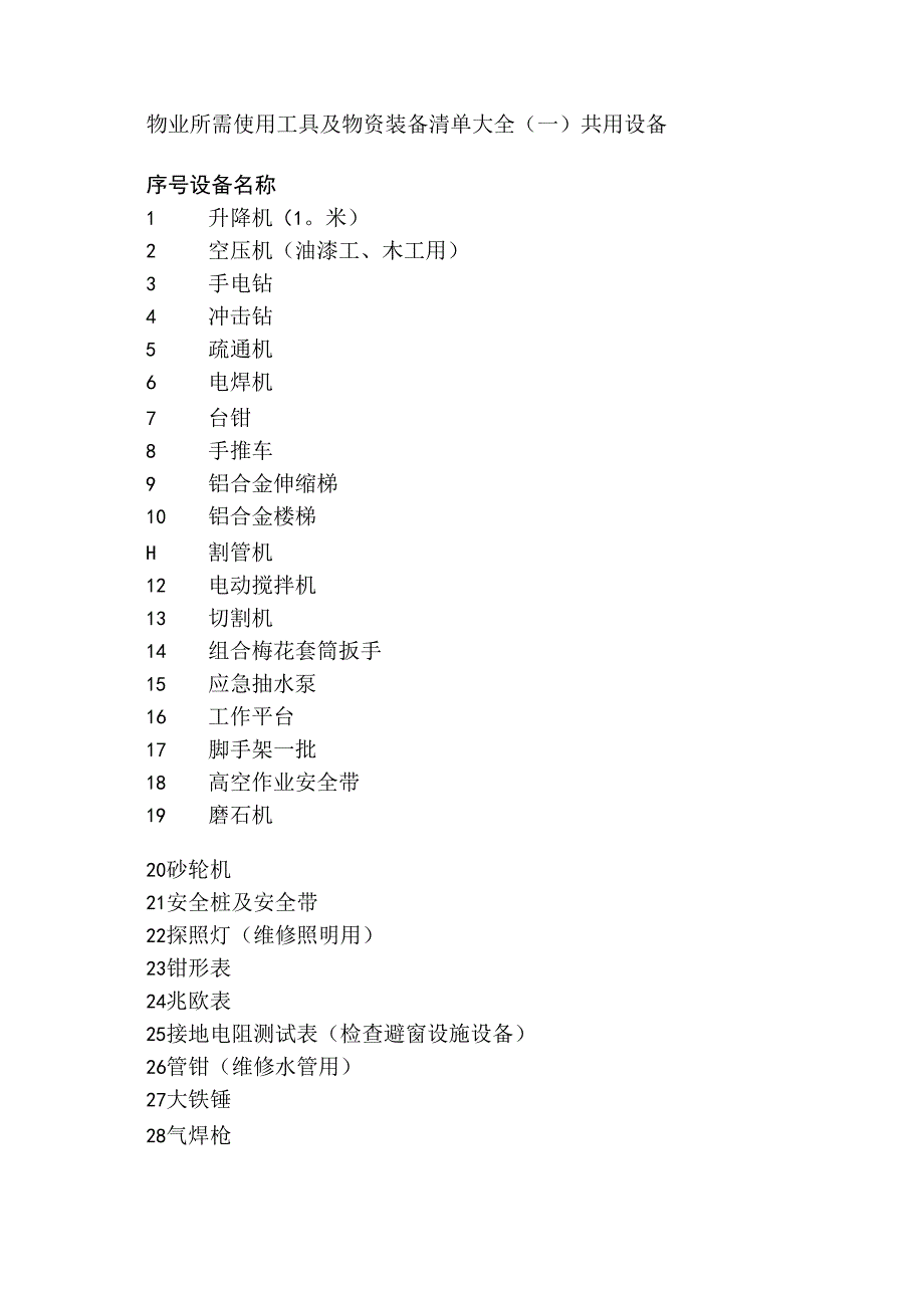 物业所需使用工具及物资装备清单大全.docx_第1页