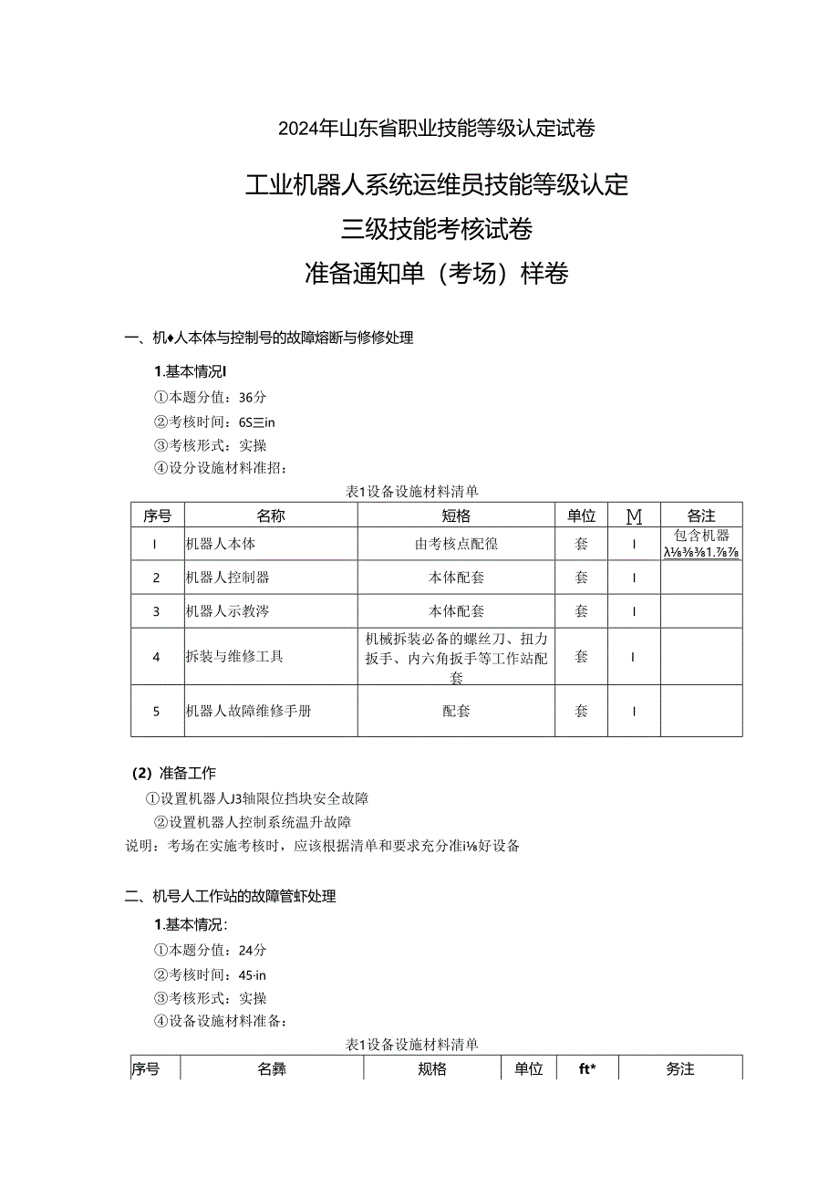 2024年山东省职业技能等级认定试卷 真题 工业机器人运维员三级实操试卷样卷——考场准备通知单.docx_第1页