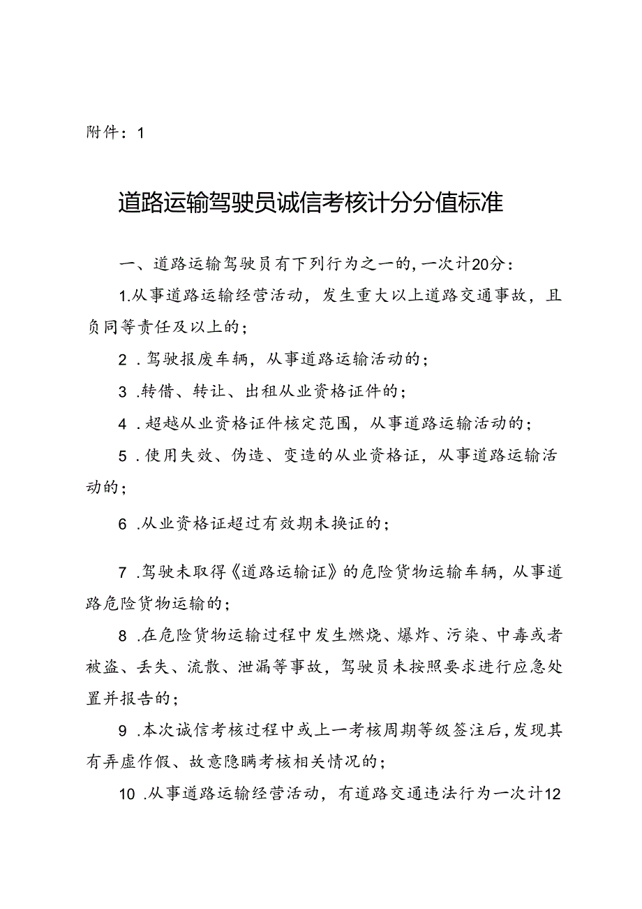 道路运输驾驶员诚信考核计分分值标准、违规驾驶员继续教育合格证明.docx_第1页