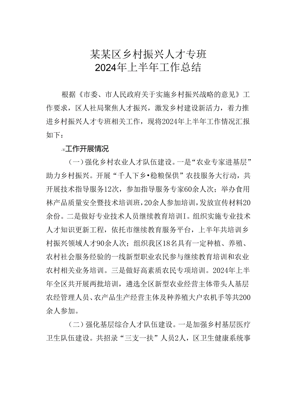 某某区乡村振兴人才专班2024年上半年工作总结.docx_第1页