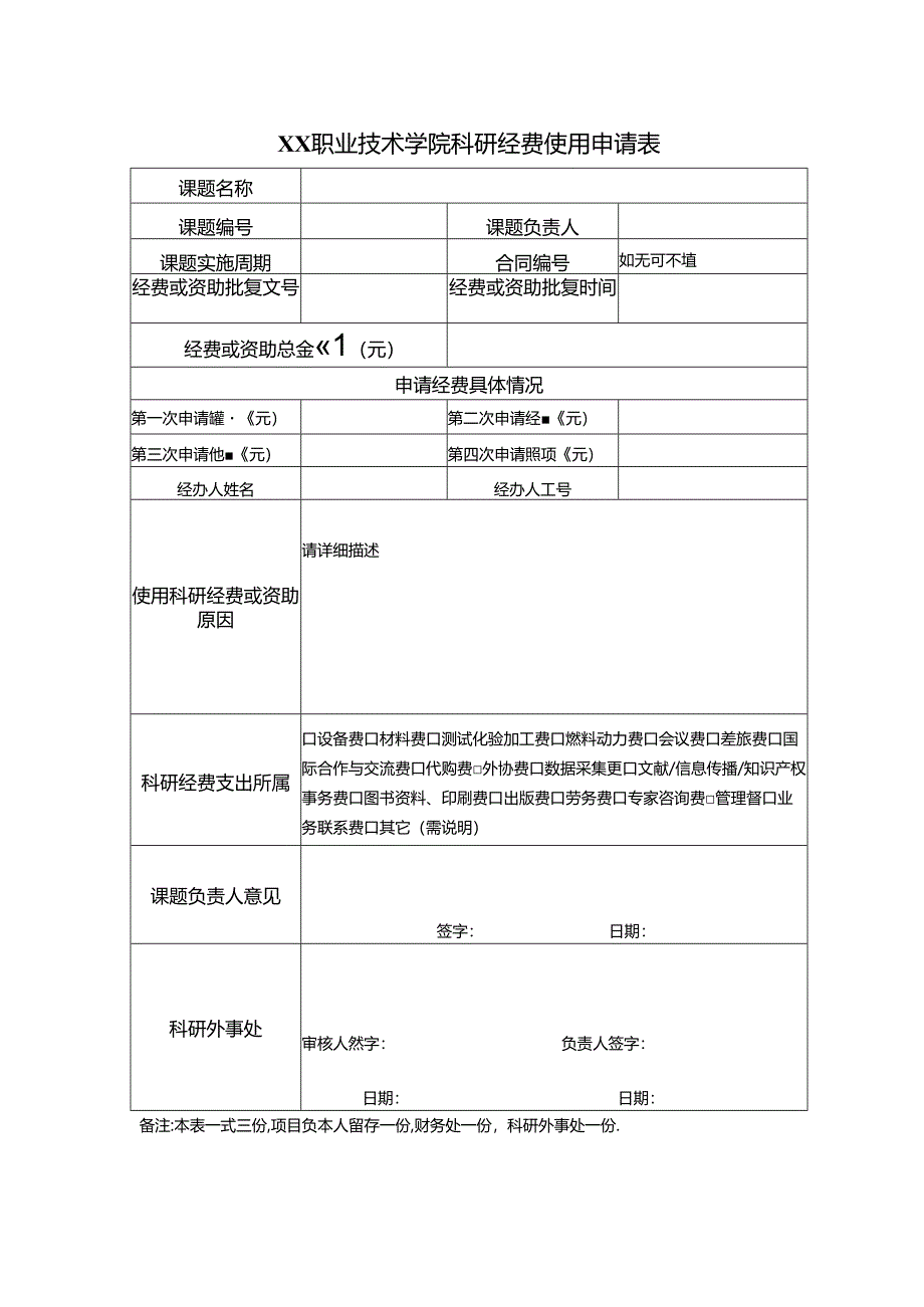 XX职业技术学院科研经费使用申请表（2024年）.docx_第1页