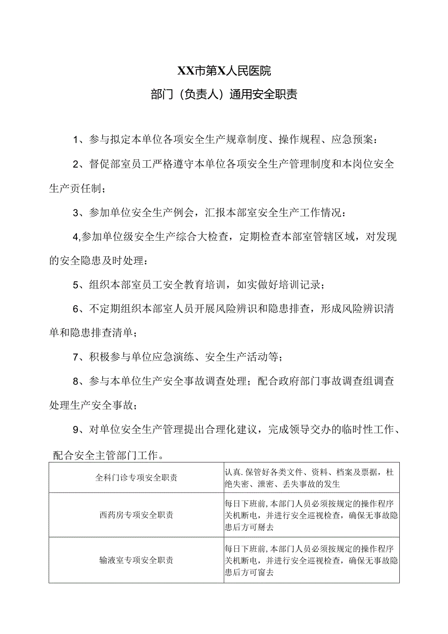 XX市第X人民医院部门（负责人）通用安全职责（2024年）.docx_第1页