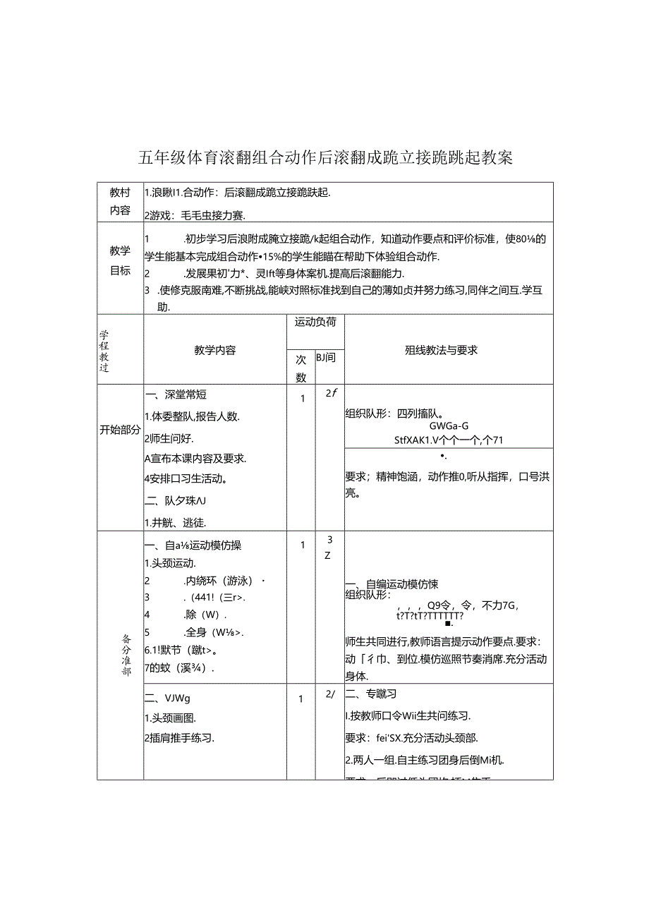 五年级体育滚翻组合动作后滚翻成跪立接跪跳起教案.docx_第1页