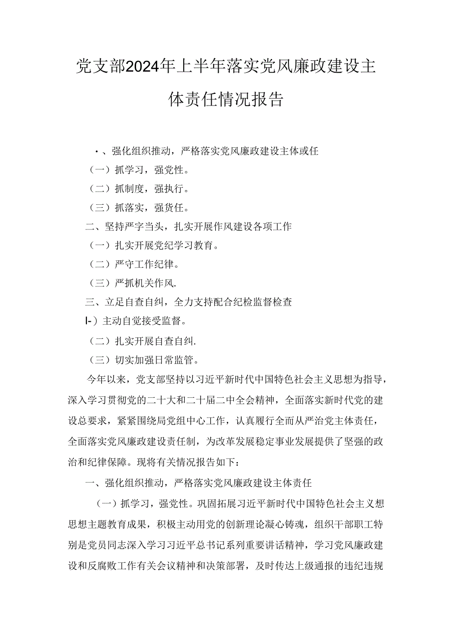 2024年上半年党支部落实党风廉政建设主体责任情况报告.docx_第1页