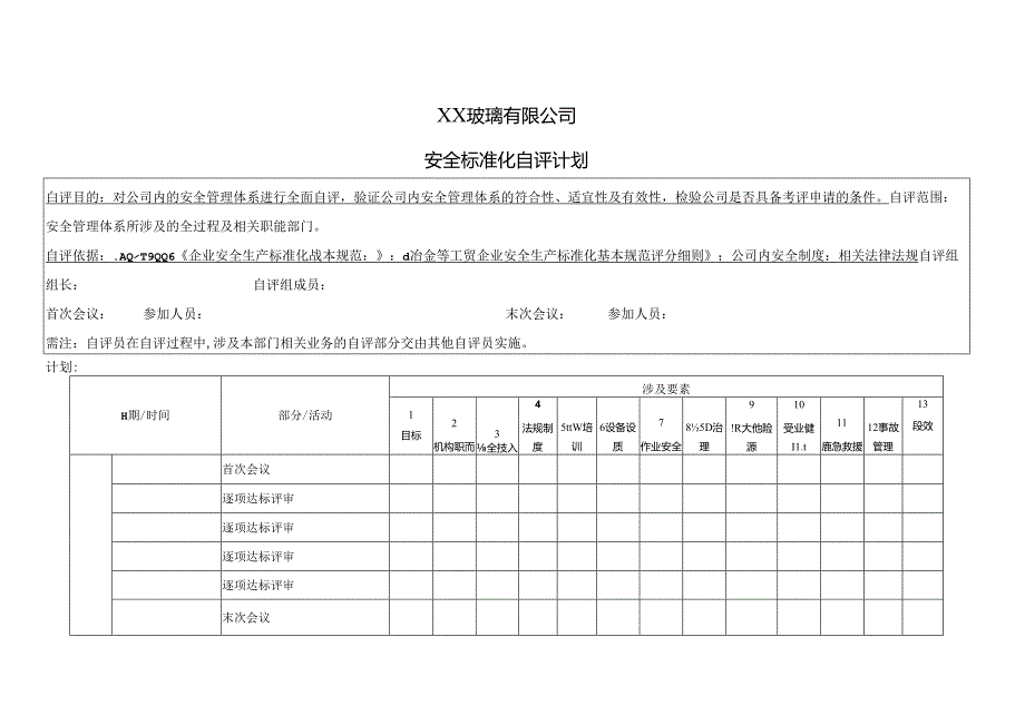 XX玻璃有限公司安全标准化自评计划（2024年）.docx_第1页