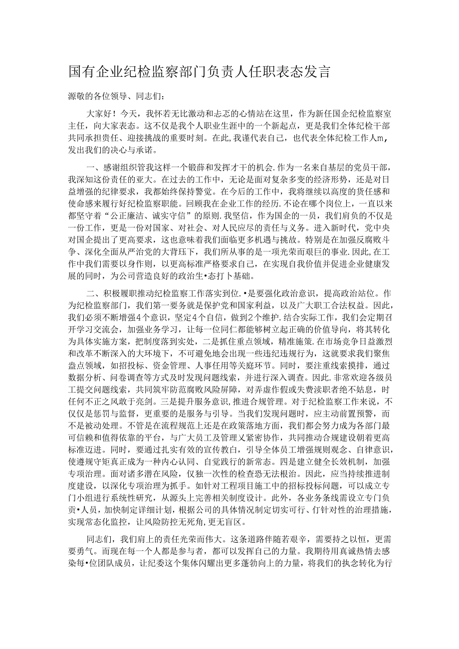 国有企业纪检监察部门负责人任职表态发言.docx_第1页