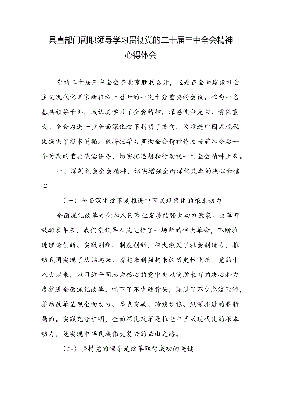 机关部门副职领导副局长学习贯彻党的二十届三中全会精神心得体会研讨发言.docx_第1页